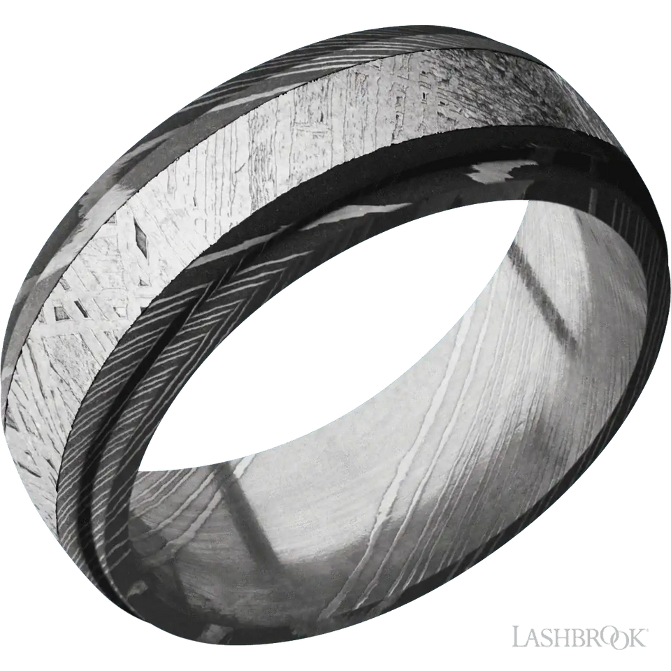 Damascus Band with Acid Finish and Meteorite Inlay - 8MM - Larson Jewelers
