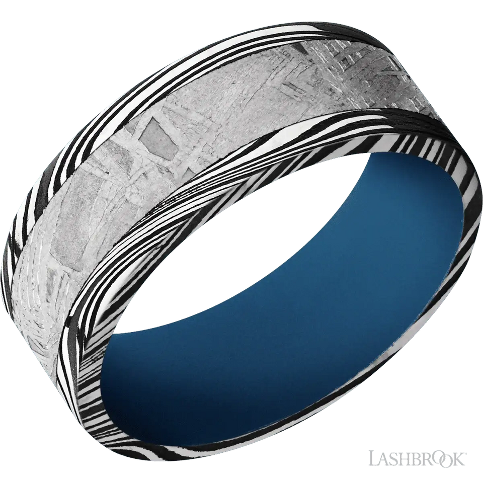 Marble with Acid Finish and Meteorite Inlay and Ridgeway Blue - 8MM - Larson Jewelers