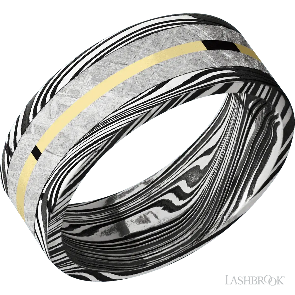 Marble with Acid Finish Meteorite and 14K Yellow Gold Inlays- 8MM - Larson Jewelers
