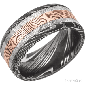 Damascus beveled band with meteorite and mokume inlays - 9MM - Larson Jewelers