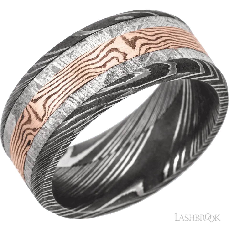 Damascus beveled band with meteorite and mokume inlays - 9MM - Larson Jewelers