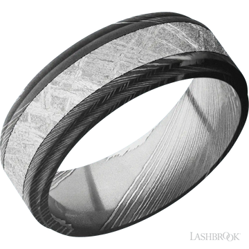 Damascus with Acid Finish and Meteorite Inlay - 8 MM - Larson Jewelers