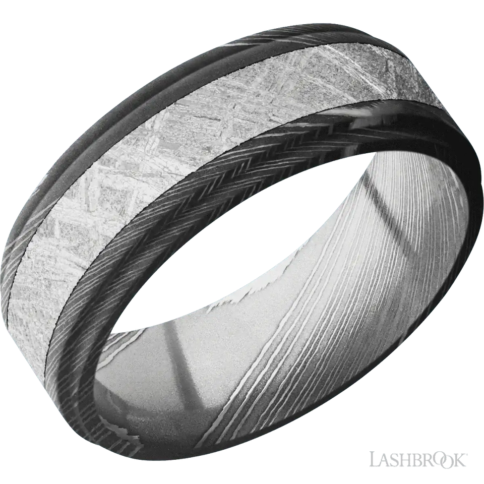 Damascus with Acid Finish and Meteorite Inlay - 8 MM - Larson Jewelers
