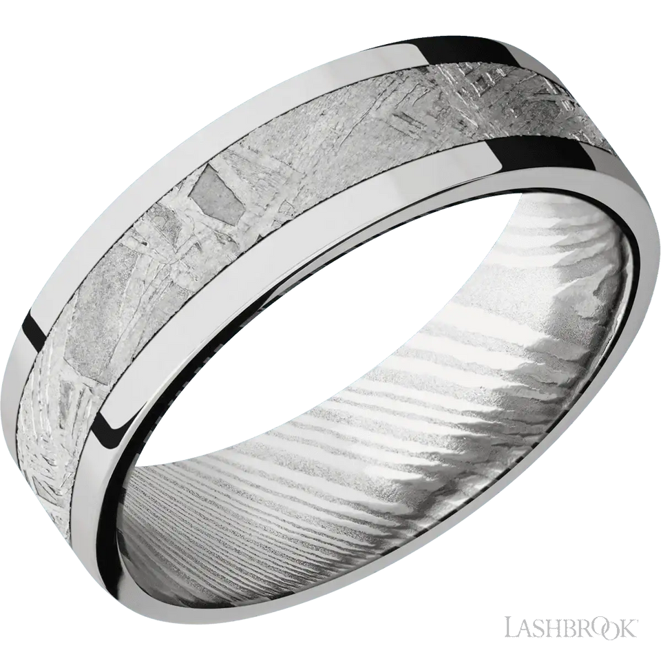 10K White Gold with Polish Finish and Meteorite Inlay and Damascus - 7MM - Larson Jewelers
