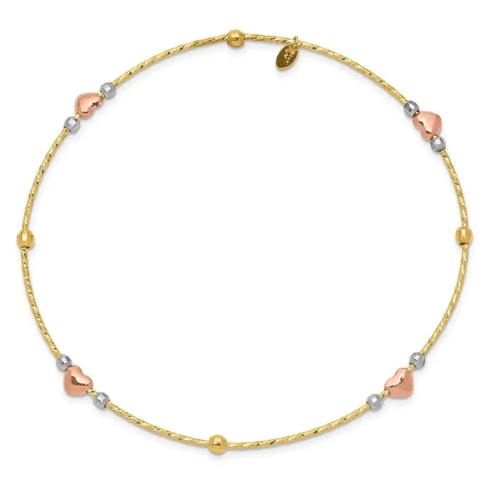 14k Tri-color Heart Diamond-cut Slip-on Bangle - Larson Jewelers