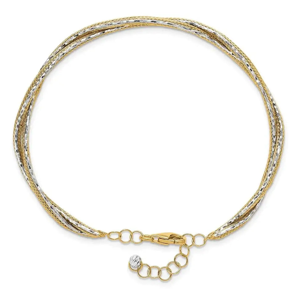 14K Two-tone Dia-cut and Textured Braided with Safety Chain Bracelet Bangle - Larson Jewelers