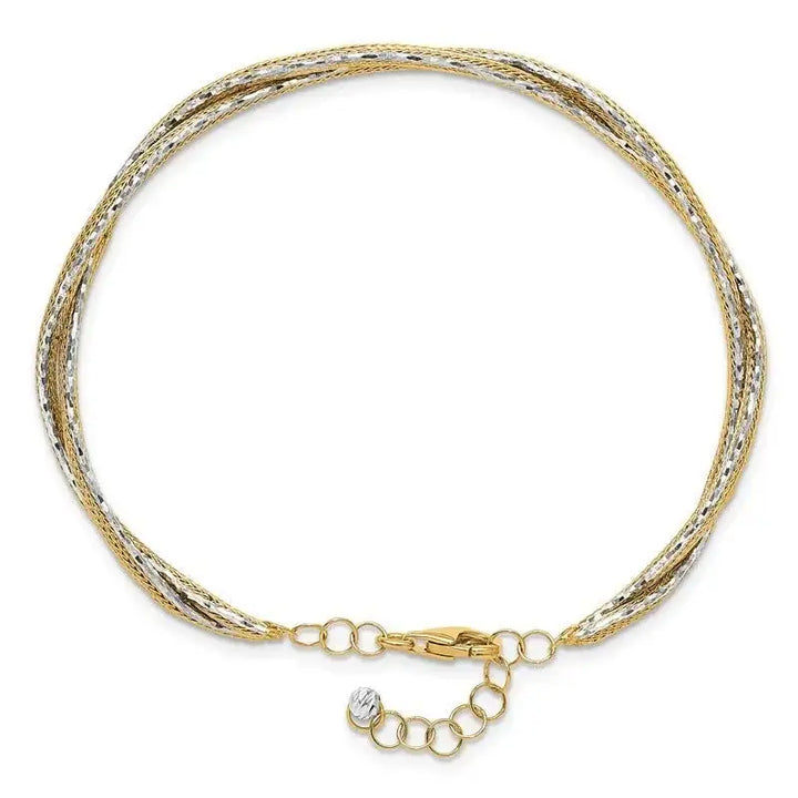 14K Two-tone Dia-cut and Textured Braided with Safety Chain Bracelet Bangle - Larson Jewelers