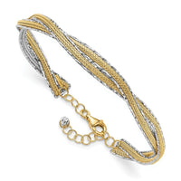 14K Two-tone Dia-cut and Textured Braided with Safety Chain Bangle