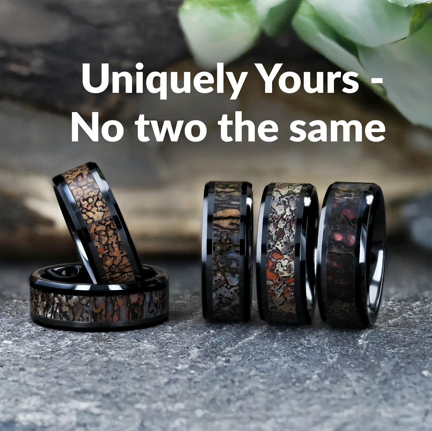 SILURIAN Dinosaur Bone Inlaid Black Ceramic Beveled Edged Ring - 4mm or 8mm - Larson Jewelers