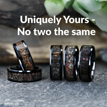 SILURIAN Dinosaur Bone Inlaid Black Ceramic Beveled Edged Ring - 4mm or 8mm - Larson Jewelers