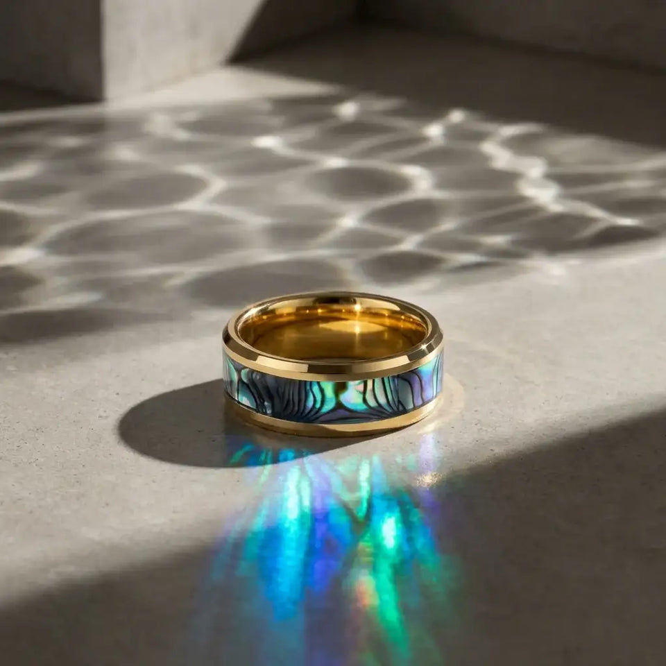 SHORELINE Gold-Plated Tungsten Wedding Band with Mother of Pearl Inlay - 8mm - Larson Jewelers