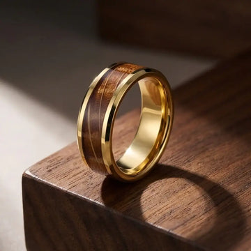 PROOF Tungsten Men's Wedding Band With Polished Beveled Edges & Whiskey Barrel Inlay - 8mm - Larson Jewelers