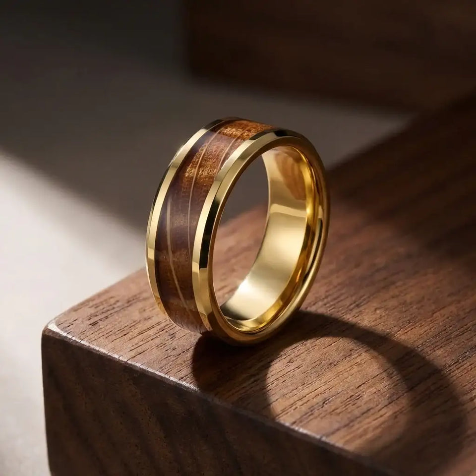 PROOF Tungsten Men's Wedding Band With Polished Beveled Edges & Whiskey Barrel Inlay - 8mm - Larson Jewelers