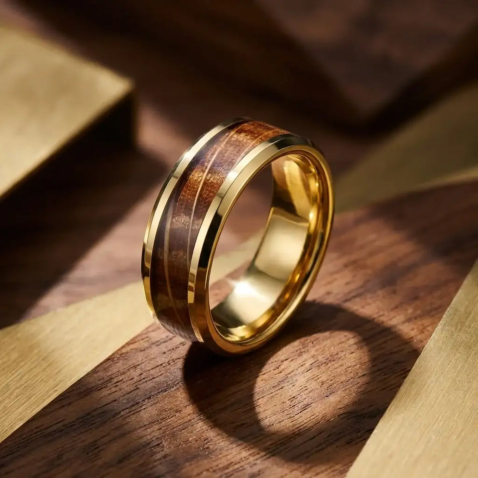PROOF Tungsten Men's Wedding Band With Polished Beveled Edges & Whiskey Barrel Inlay - 8mm - Larson Jewelers