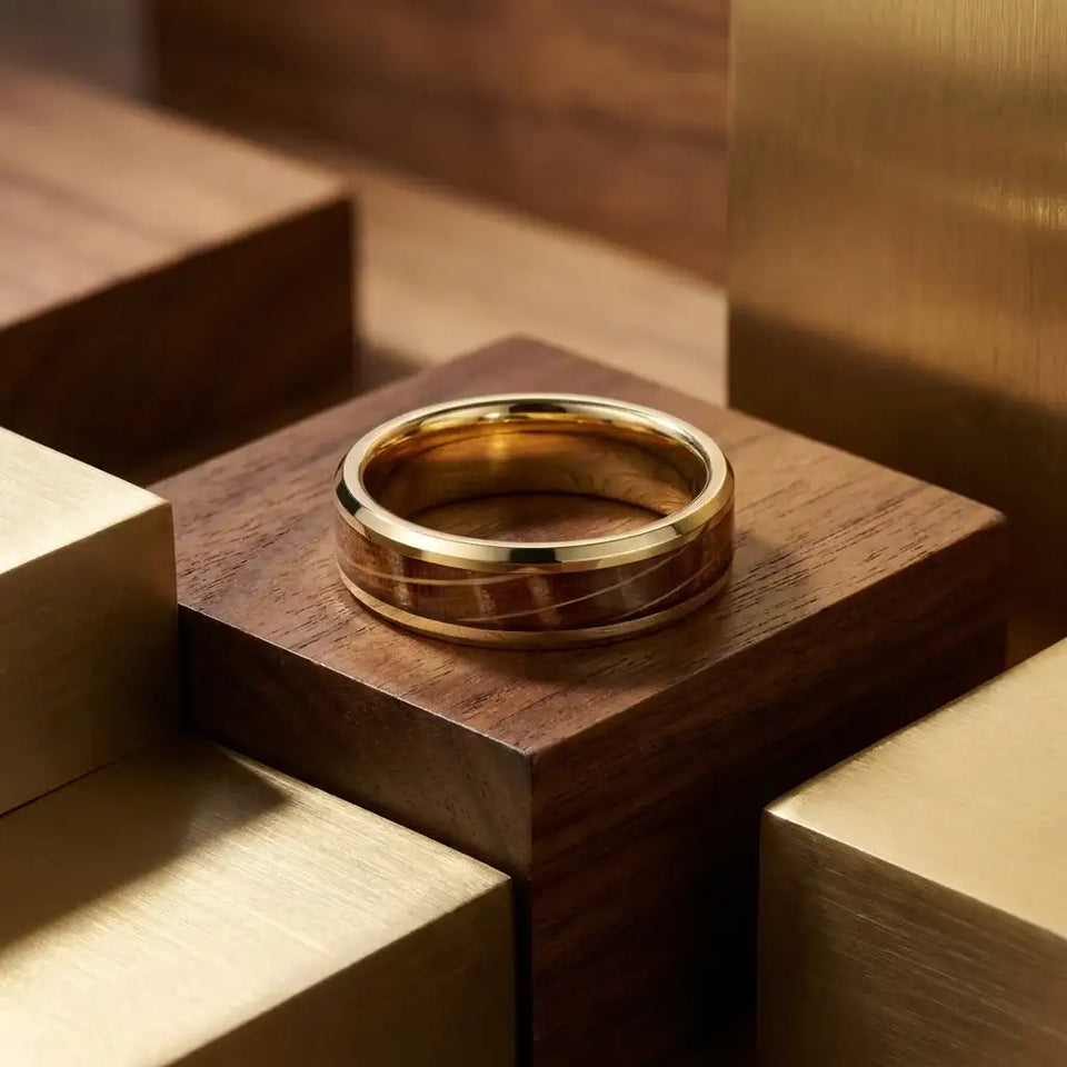 PROOF Tungsten Men's Wedding Band With Polished Beveled Edges & Whiskey Barrel Inlay - 8mm - Larson Jewelers