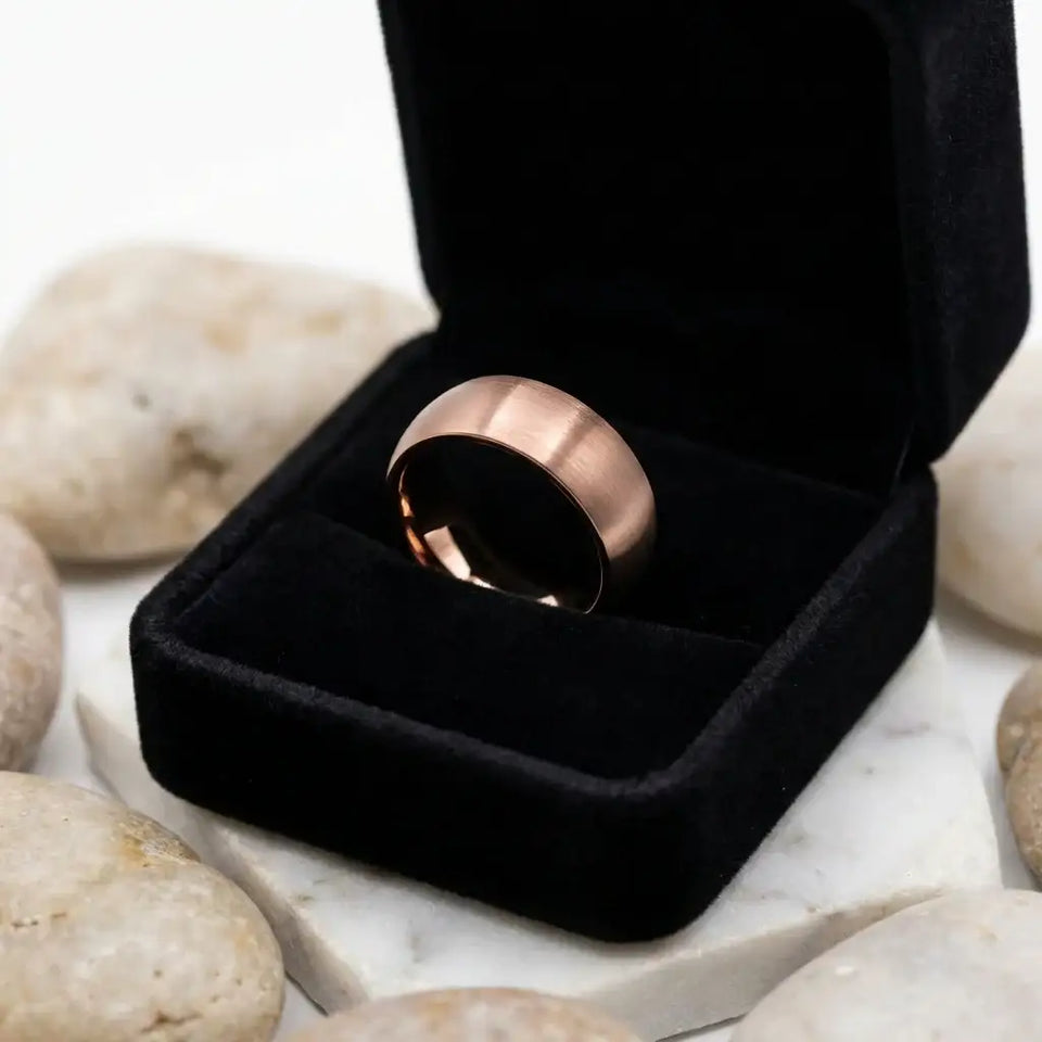 Domed tungsten band with brushed espresso finish displayed in black velvet ring box.