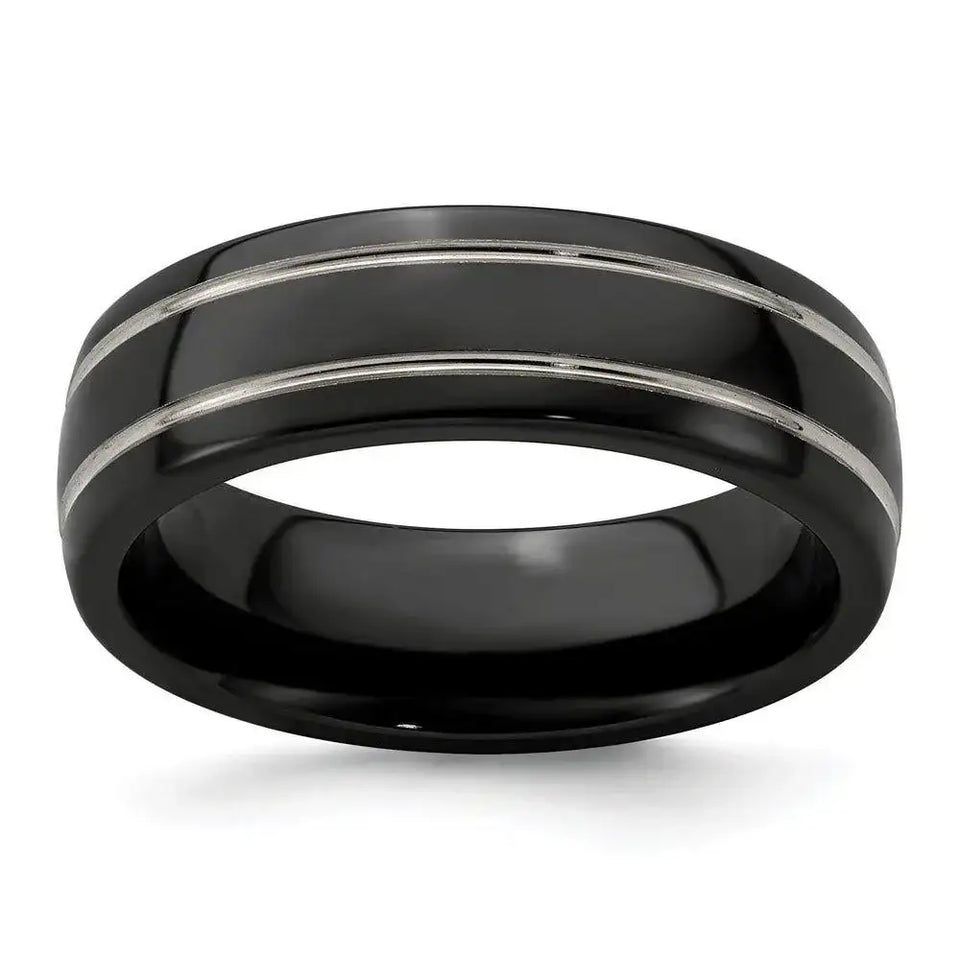 Edward Mirell Titanium Black Ti & Grey Grooved 7mm Band - Larson Jewelers