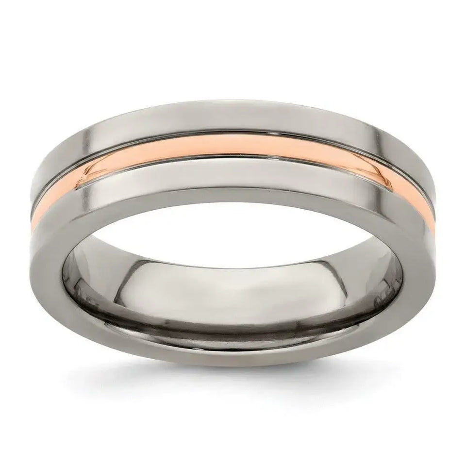 Edward Mirell Titanium and 14k Rose Gold Grooved 6mm Band - Larson Jewelers