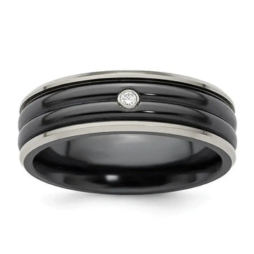 Edward Mirell Black Ti with Grey Titanium Edge .03 carat Diamond with Sterling Silver Bezel 7mm Band - Larson Jewelers