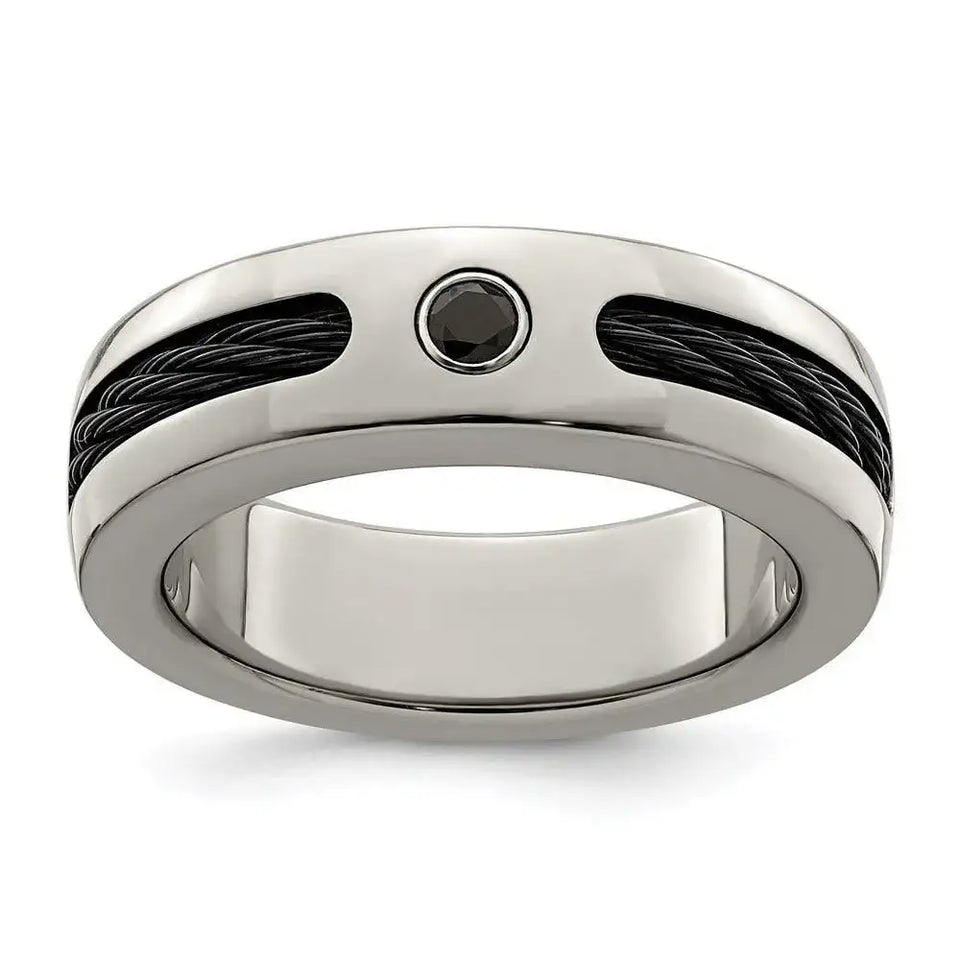 Edward Mirell Titanium Cable and Black Spinel with Sterling Silver Bezel 7mm Band - Larson Jewelers