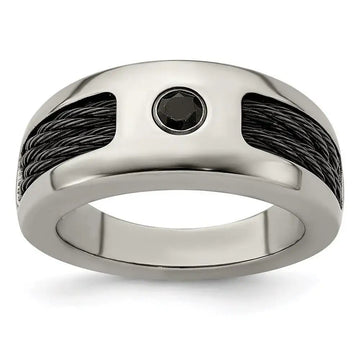 Edward Mirell Titanium Double Cable and Black Spinel with Sterling Silver Bezel 8mm Band - Larson Jewelers
