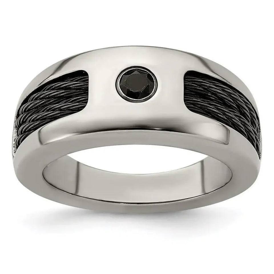 Edward Mirell Titanium Double Cable and Black Spinel with Sterling Silver Bezel 8mm Band - Larson Jewelers