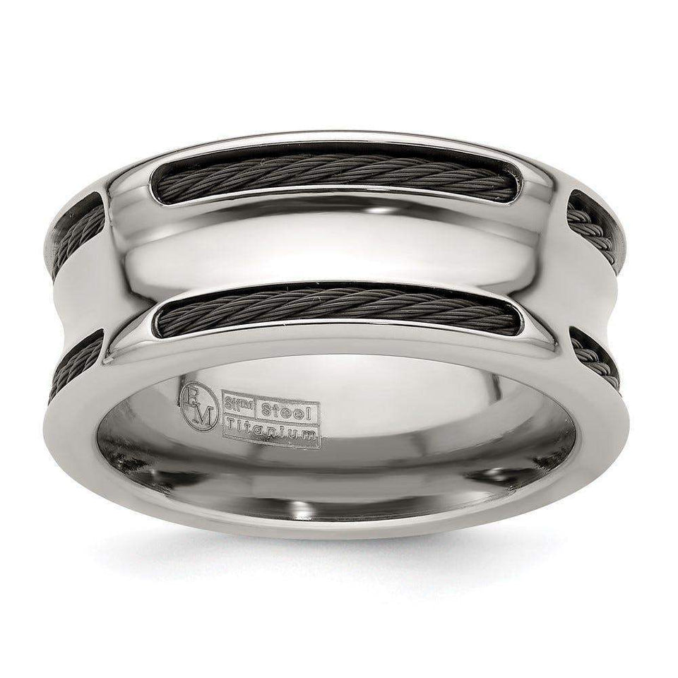 Edward Mirell Stainless Steel & Black Ti Cable Polished Concave 10mm Ring - Larson Jewelers