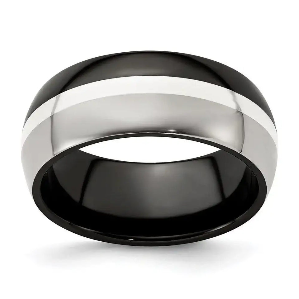 Edward Mirell Black Ti/Sterling Silver/Titanium Domed Brushed/Polished 9mm Band - Larson Jewelers