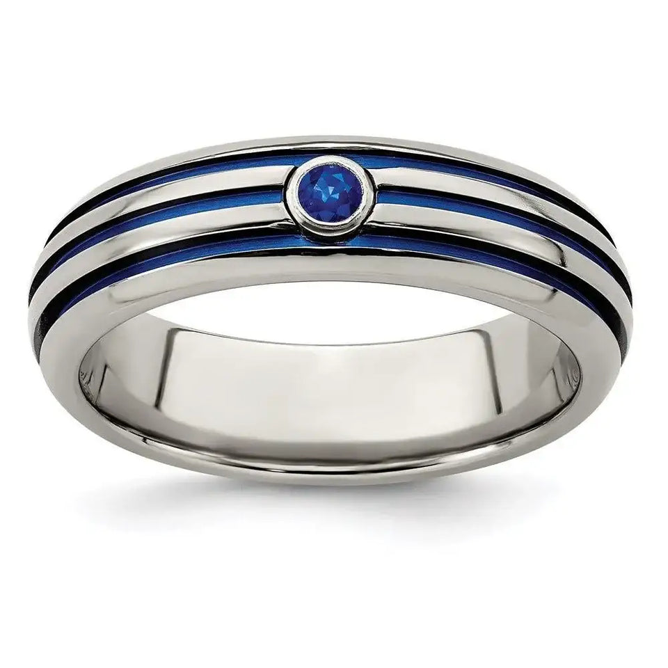Edward Mirell Titanium Trpl Groove Blue Anodized & Sapphire Ring - Larson Jewelers