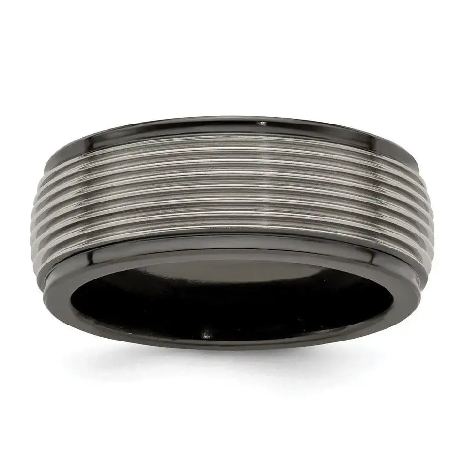 Edward Mirell Black Ti and Titanium Polished Grooved Step Edge 9mm Band - Larson Jewelers