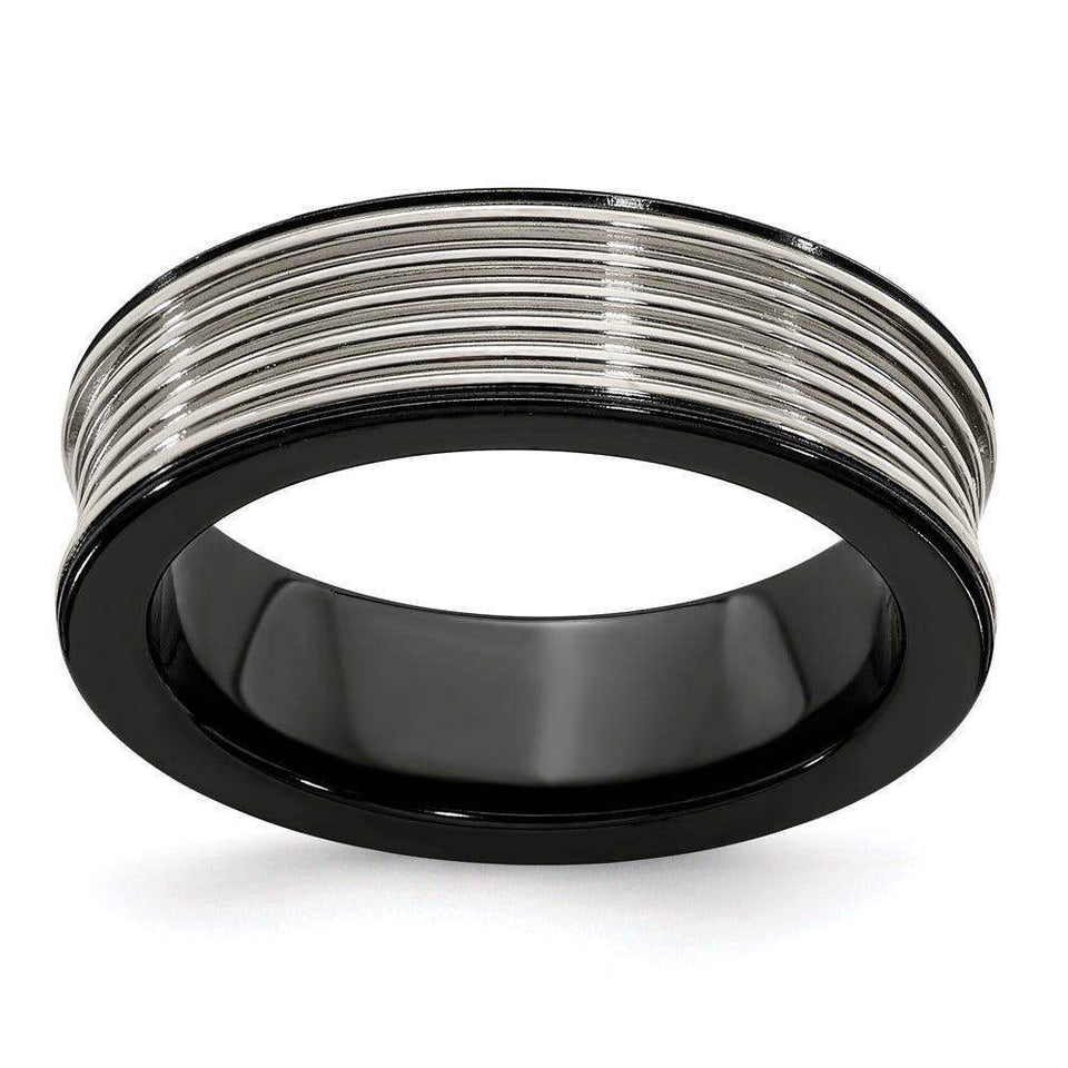 Edward Mirell Black Ti & Titanium Polished Grooved Concave Ring - Larson Jewelers