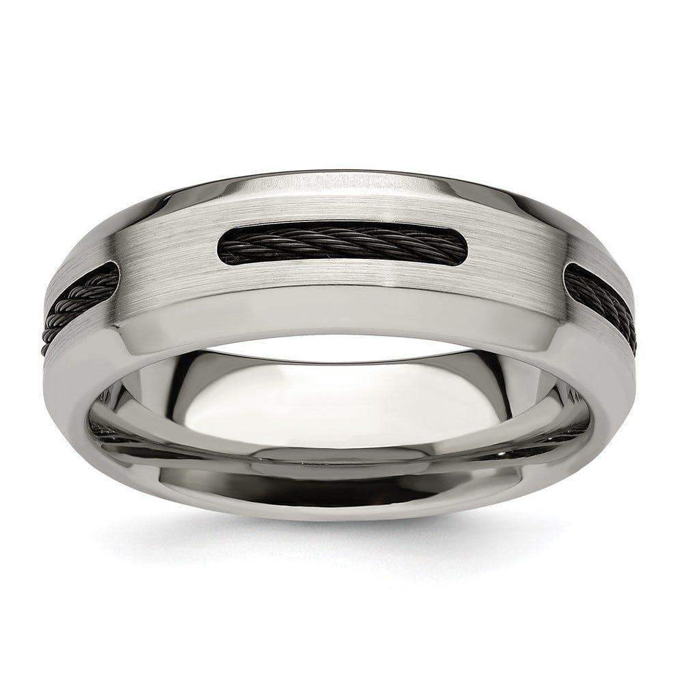 Edward Mirell Brushed/Polished Cobalt with Black Cable Accent 7mm Band Size 10 - Larson Jewelers