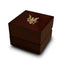 Flying Eagle Emblem Engraved Wood Ring Box Chocolate Dark Wood Personalized Wooden Wedding Ring Box - Larson Jewelers