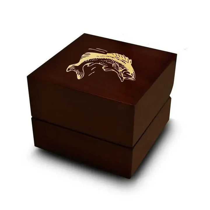 Bass Fish Sea Jumping Print Engraved Wood Ring Box Chocolate Dark Wood Personalized Wooden Wedding Ring Box - Larson Jewelers
