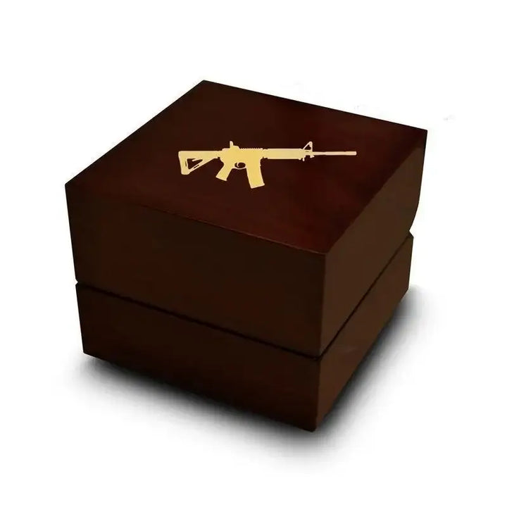 M4A1 Firearm Engraved Wood Ring Box Chocolate Dark Wood Personalized Wooden Wedding Ring Box - Larson Jewelers