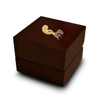 Ammonite Engraved Wood Ring Box Chocolate Dark Wood Personalized Wooden Wedding Ring Box - Larson Jewelers