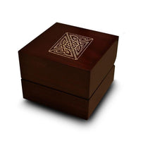 Intricate Celtic Knot Engraved Wood Ring Box Chocolate Dark Wood Personalized Wooden Wedding Ring Box - Larson Jewelers