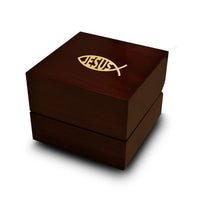 Christianity Jesus Script Fish Symbol Engraved Wood Ring Box Chocolate Dark Wood Personalized Wooden Wedding Ring Box - Larson Jewelers
