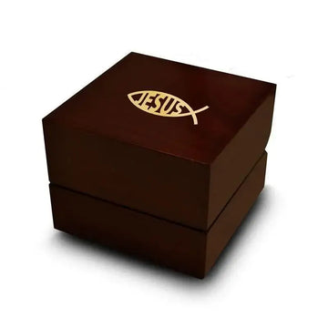 Christianity Jesus Script Fish Symbol Engraved Wood Ring Box Chocolate Dark Wood Personalized Wooden Wedding Ring Box - Larson Jewelers