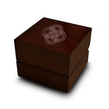 Interconnected Hindu Symbol Engraved Wood Ring Box Chocolate Dark Wood Personalized Wooden Wedding Ring Box - Larson Jewelers