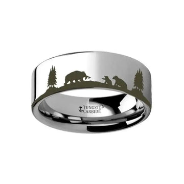 Animal Landscape Scene Bears Bear Cubs Ring Engraved Flat Tungsten Ring - 4mm - 12mm - Larson Jewelers
