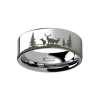 Animal Landscape Scene Reindeer Deer Stag Ring Engraved Flat Tungsten Ring - 4mm - 12mm - Larson Jewelers