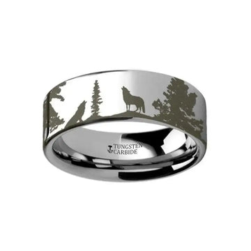 Animal Landscape Scene Wolf Wolves Ring Engraved Flat Tungsten Ring - 4mm - 12mm - Larson Jewelers