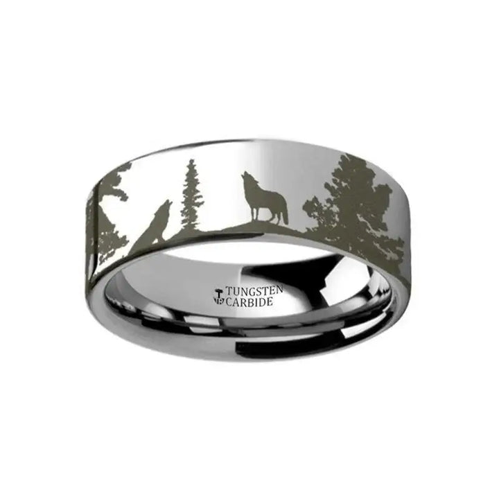 Animal Landscape Scene Wolf Wolves Ring Engraved Flat Tungsten Ring - 4mm - 12mm - Larson Jewelers