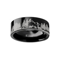 Animal Scene Reindeer Deer Stag Mountain Range Canvas Ring Engraved Flat Black Tungsten Ring - 4mm - 12mm - Larson Jewelers