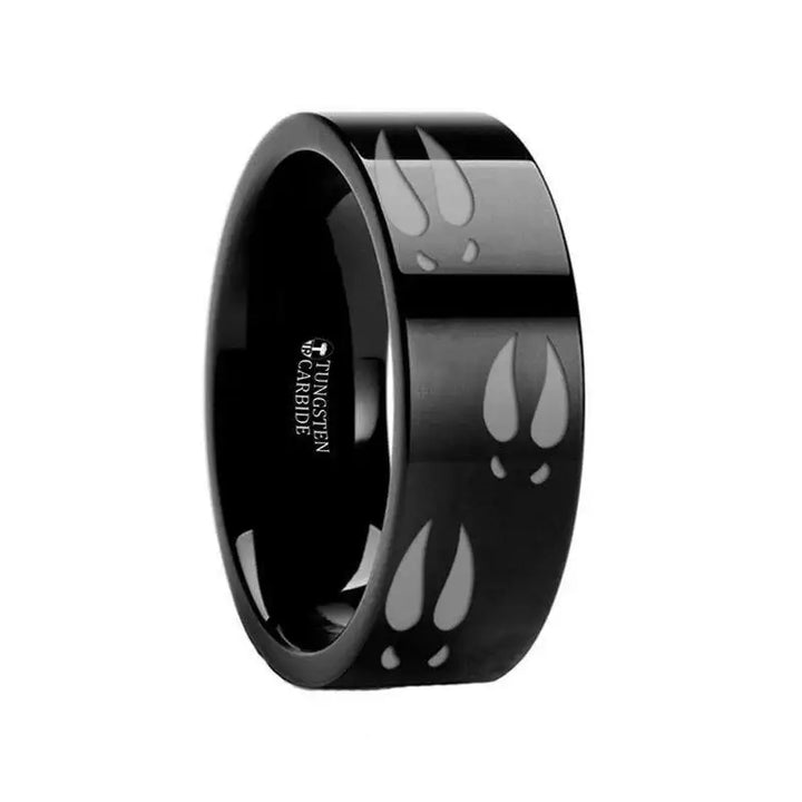 Animal Track Deer Print Ring Engraved Flat Black Tungsten Ring - 4mm - 12mm - Larson Jewelers