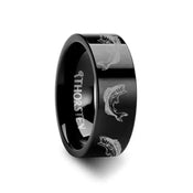 Bass Fish Jumping Sea Print Pattern Ring Engraved Flat Black Tungsten Ring - 4mm - 12mm - Larson Jewelers