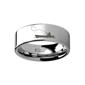 Hunting Landscape Scene Fishing Boat Fishermen Fish Ring Engraved Flat Tungsten Ring - 4mm - 12mm - Larson Jewelers