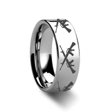 M16 CROSSED Firearm Design Ring Engraved Flat Tungsten Ring - 4mm - 12mm - Larson Jewelers