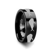 Mahi Fish Jumping Sea Print Pattern Ring Engraved Flat Black Tungsten Ring - 4mm - 12mm - Larson Jewelers